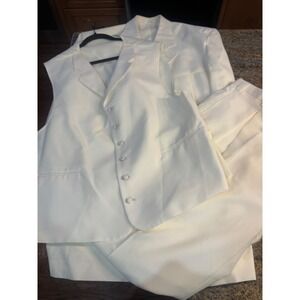 3 Piece Falcone Curtis Vested Suit 50L W45 Ivory Polyester Formal Mens Raw Hem